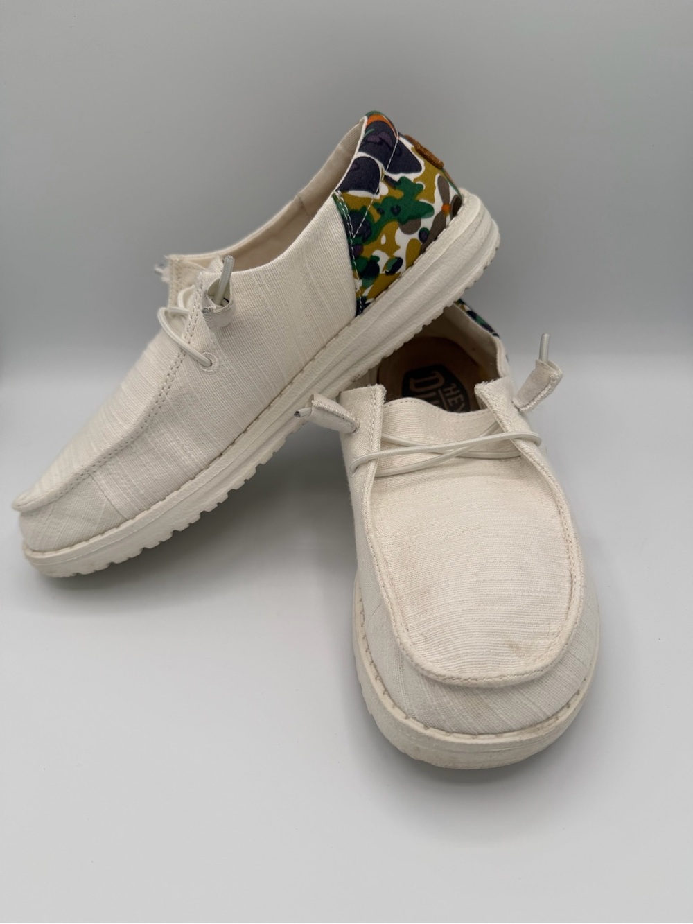 Hey Dude Cream Slip-On Mules with Camo Heel